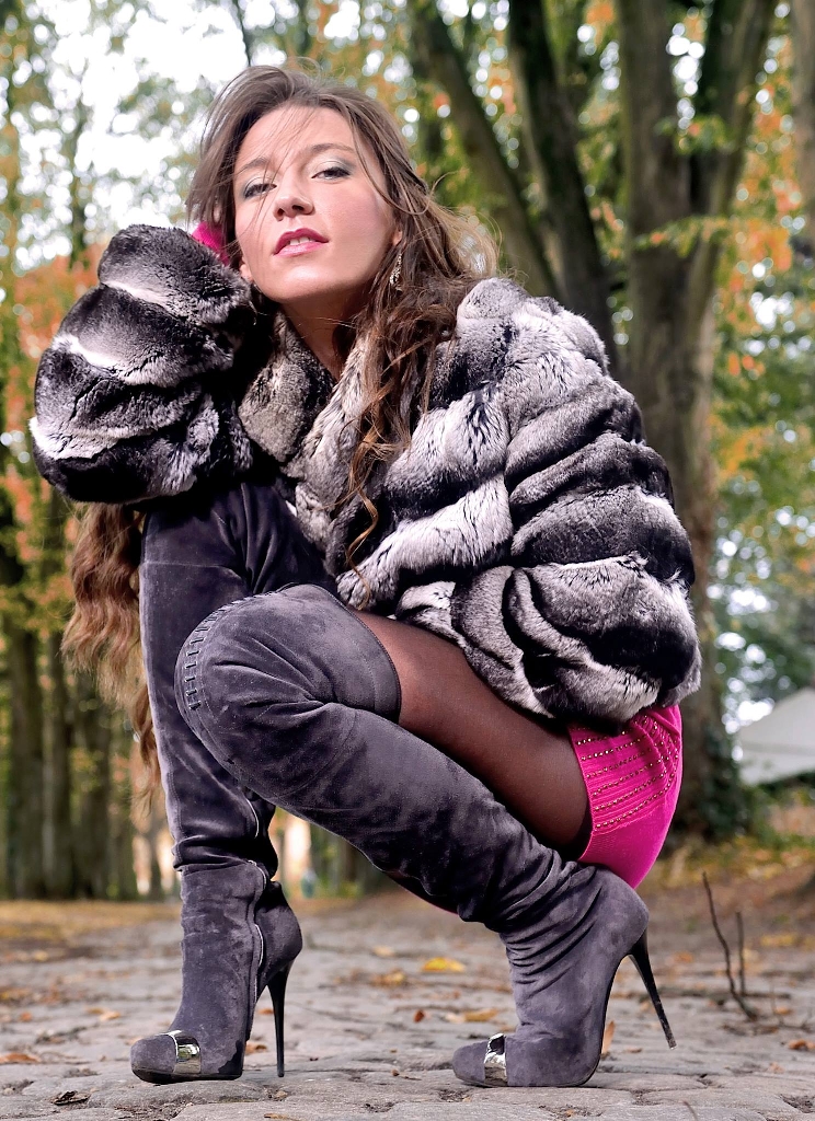 Auburn Girl wearing Fur Coat and Black Sheer Pantyhose
